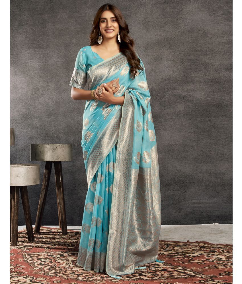     			Samah Silk Blend Self Design Saree With Blouse Piece - Blue ( Pack of 1 )