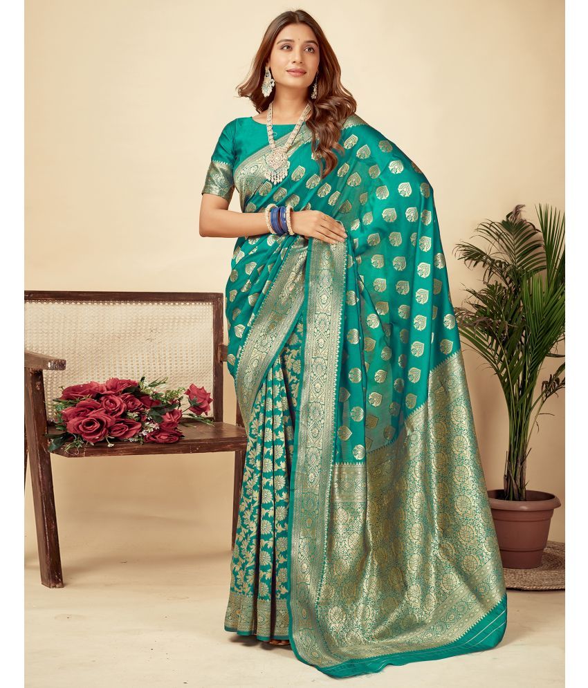     			Samah Silk Blend Self Design Saree With Blouse Piece - Teal ( Pack of 1 )