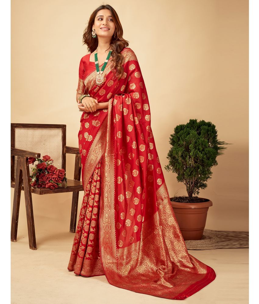     			Satrani Silk Blend Self Design Saree With Blouse Piece - Red ( Pack of 1 )