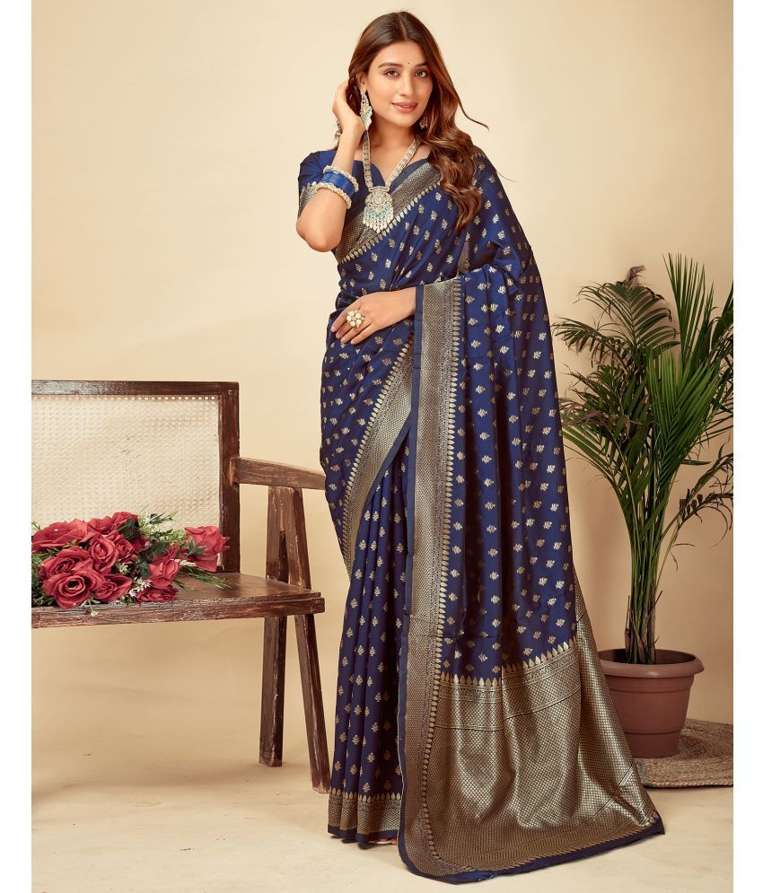     			Satrani Silk Blend Self Design Saree With Blouse Piece - Navy Blue ( Pack of 1 )