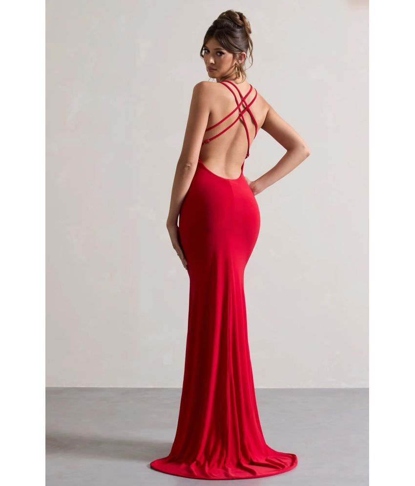     			Traquila Lycra Solid Full Length Women's Side Slit Dress - Red ( Pack of 1 )