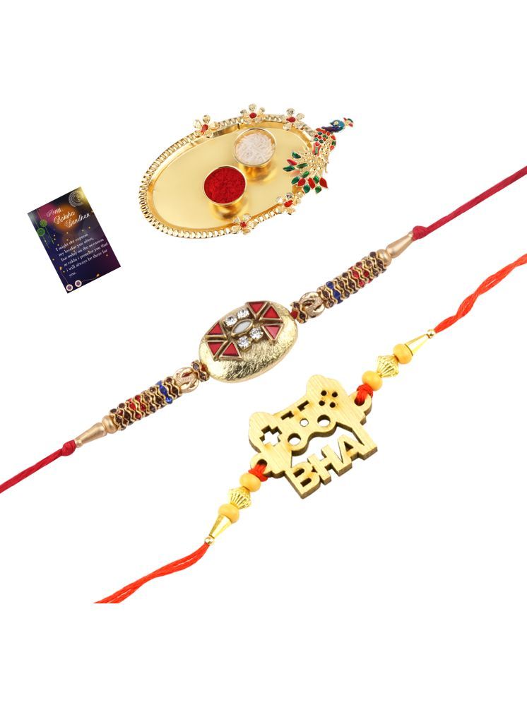     			Elegant Bhaiya Rakhi " BHAI" Designe With Designer Look Rakhi Combo For Bhaiya With Roli Chawal And Greeting Card 1 Kankawati Pooja Thali