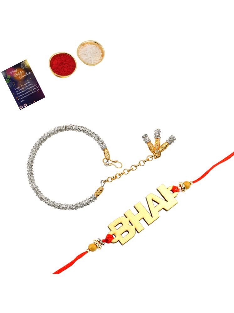     			Elegant Bhaiya Rakhi " BHAI" Designe With Silver Bracelet Kada BhabhiRakhi Combo With Roli Chawal And Greeting Card