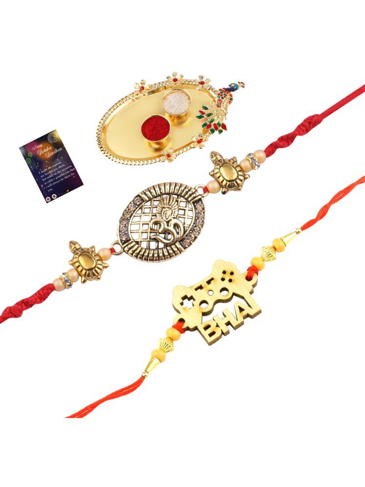     			Elegant Bhaiya Rakhi " BHAI" Designe With Designer Look "OM" Rakhi Combo For Bhaiya With Roli Chawal And Greeting Card 1 Kankawati Pooja Thali