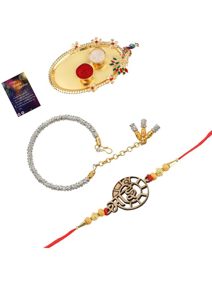     			Elegant Bhaiya Rakhi " BHAI" Designe With Silver Bracelet Kada Bhabhi Rakhi Combo With Roli Chawal And Greeting Card 1 Kankawati Pooja Thali