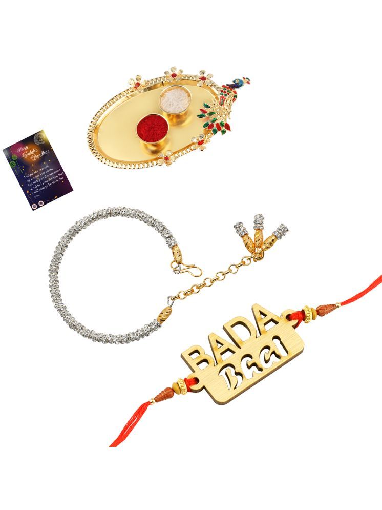     			Exclusive Bhaiya Rakhi " BADA BHAI" Designer Pendent With Silver Bracelet Kada BhabhiRakhi Combo With Roli Chawal And Greeting Card 1 Kankawati Pooja Thali