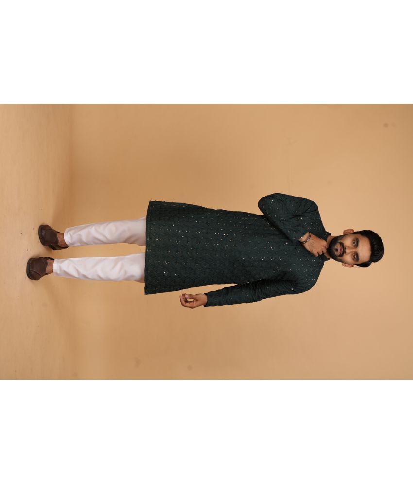     			Fashionfricks Dark Green Cotton Blend Regular Fit Men's Kurta Pyjama Set ( Pack of 1 )