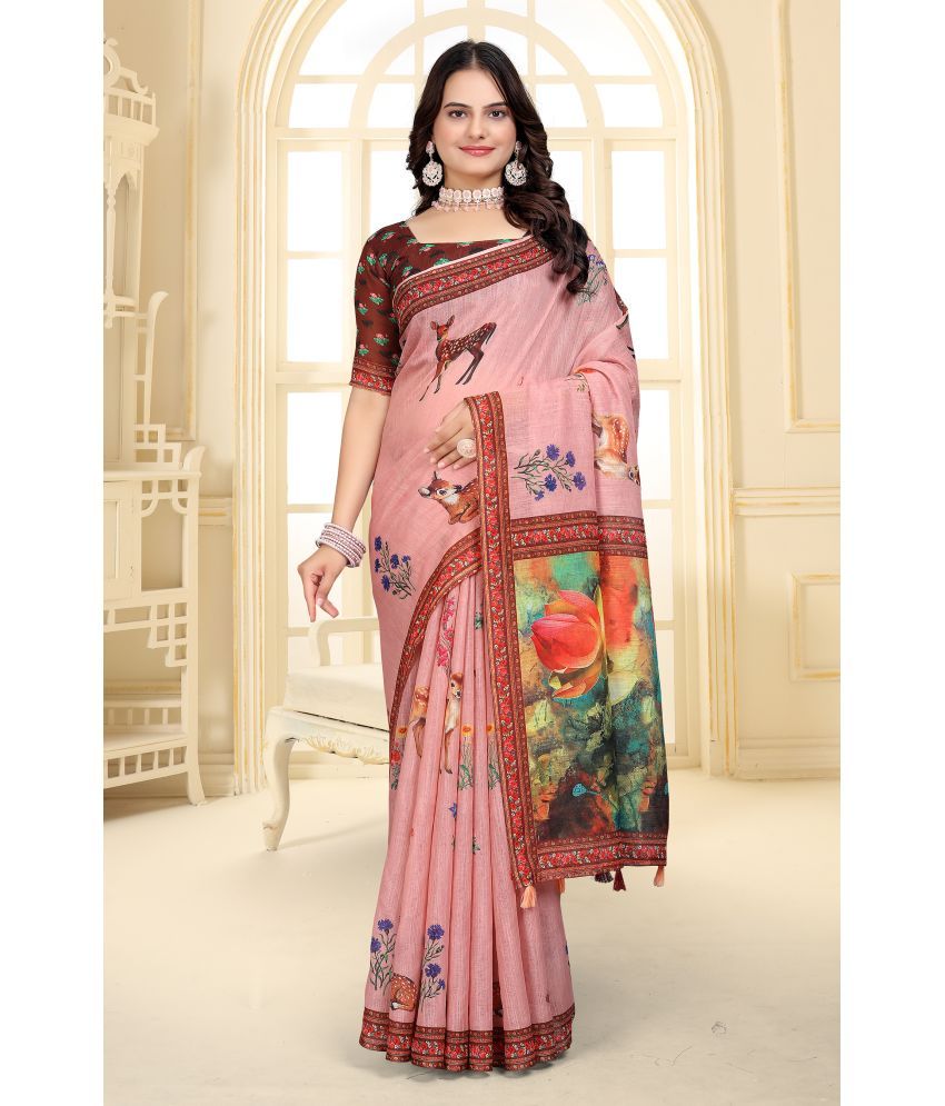     			Fashionfricks Linen Printed Saree With Blouse Piece - Multicolor ( Pack of 1 )