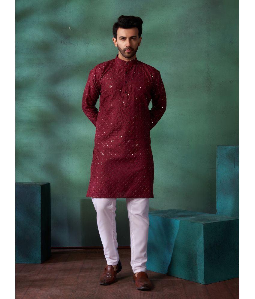     			Fashionfricks Maroon Cotton Blend Regular Fit Men's Kurta Pyjama Set ( Pack of 1 )