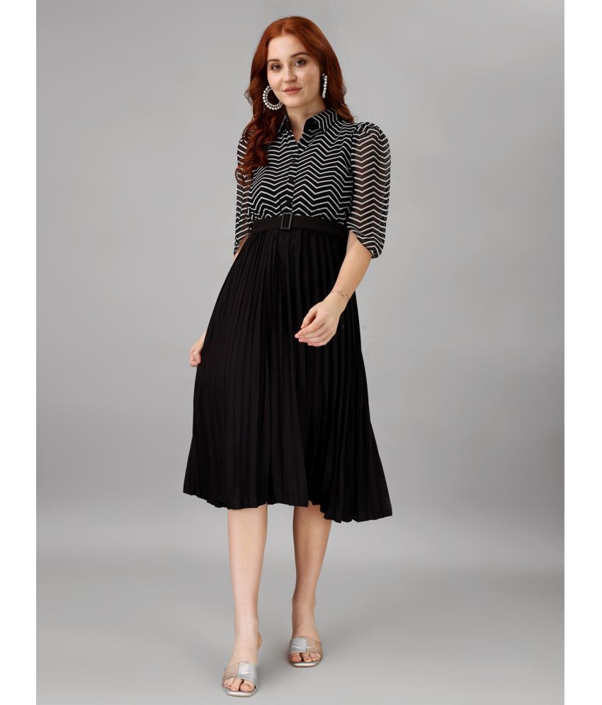     			Femvy Georgette Striped Knee Length Women's Fit & Flare Dress - Black ( Pack of 1 )