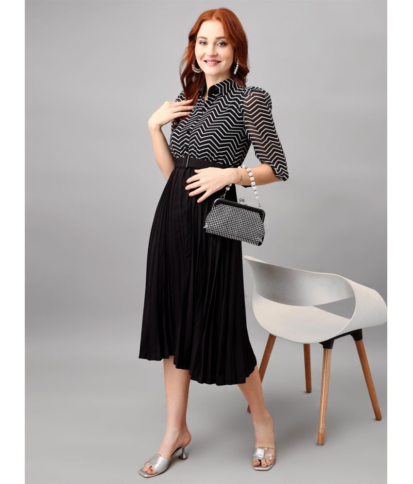     			Femvy Georgette Striped Knee Length Women's Fit & Flare Dress - Black ( Pack of 1 )