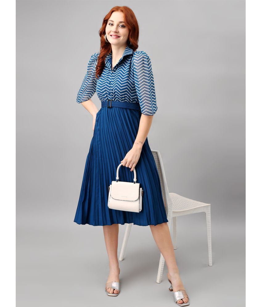     			Femvy Georgette Striped Knee Length Women's Fit & Flare Dress - Blue ( Pack of 1 )