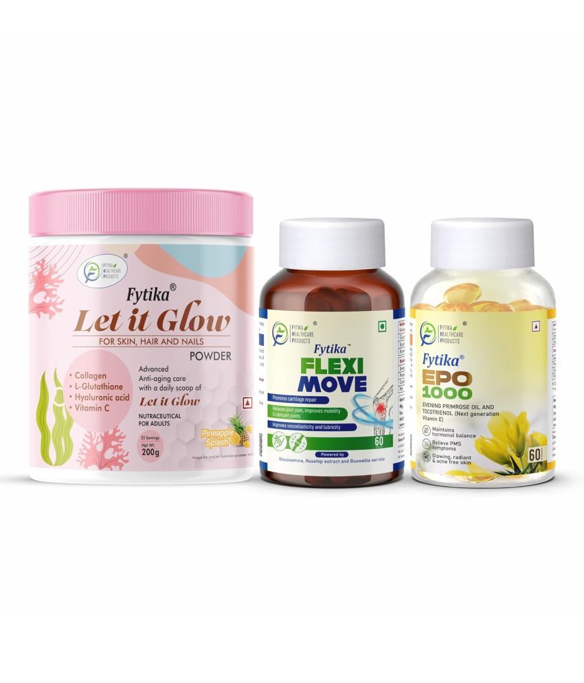     			Fytika Let it Glow Pineapple, Collagen Powder-200G + Fytika Flexi Move| Glucosamine, Rosehip Powder extract-60 Tabs + Fytika EPO1000 Evening Primrose Oil-60 Softgel