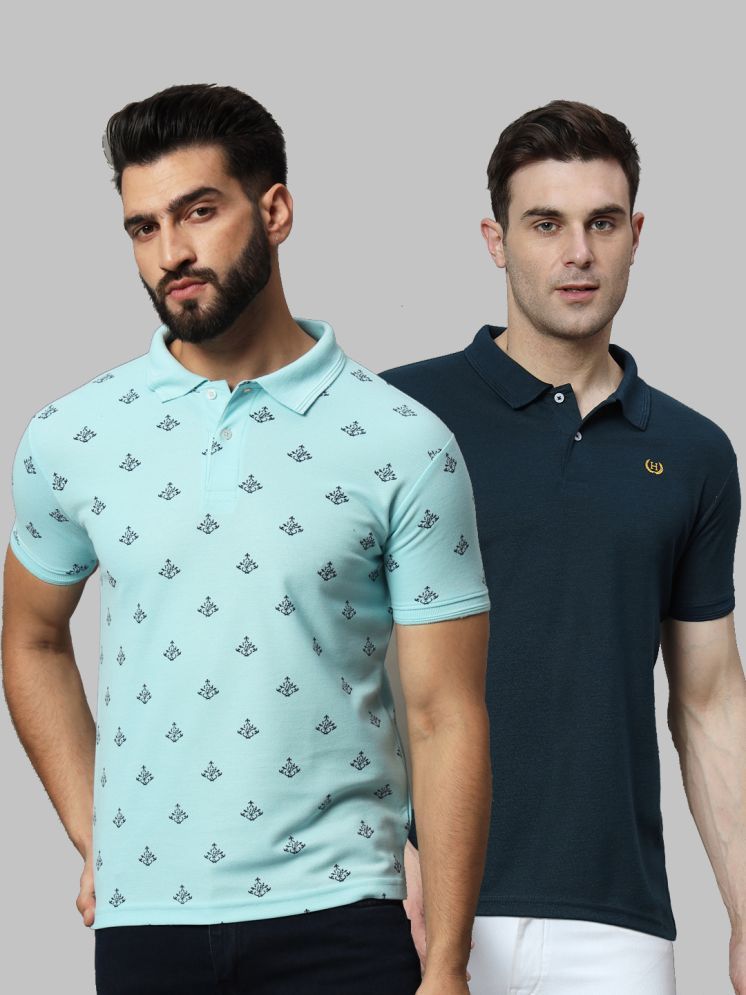     			Hushbucks Cotton Blend Regular Fit Printed Half Sleeves Men's Polo T Shirt - Aqua ( Pack of 2 )