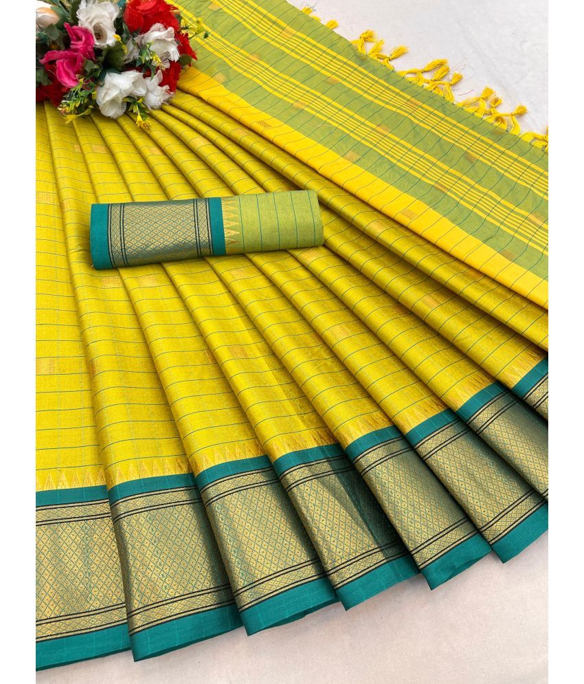     			KanjiQueen Cotton Silk Checks Saree With Blouse Piece - Lime Green1 ( Pack of 1 )