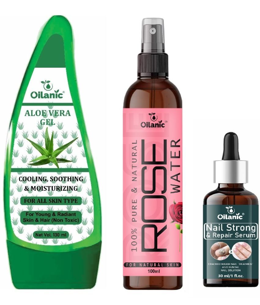     			Pure Aloe vera Gel 130ml, Rose water for Hyrated Skin 100ml & Nail Strong and Repair Serum 30ml - Combo of 3 Items