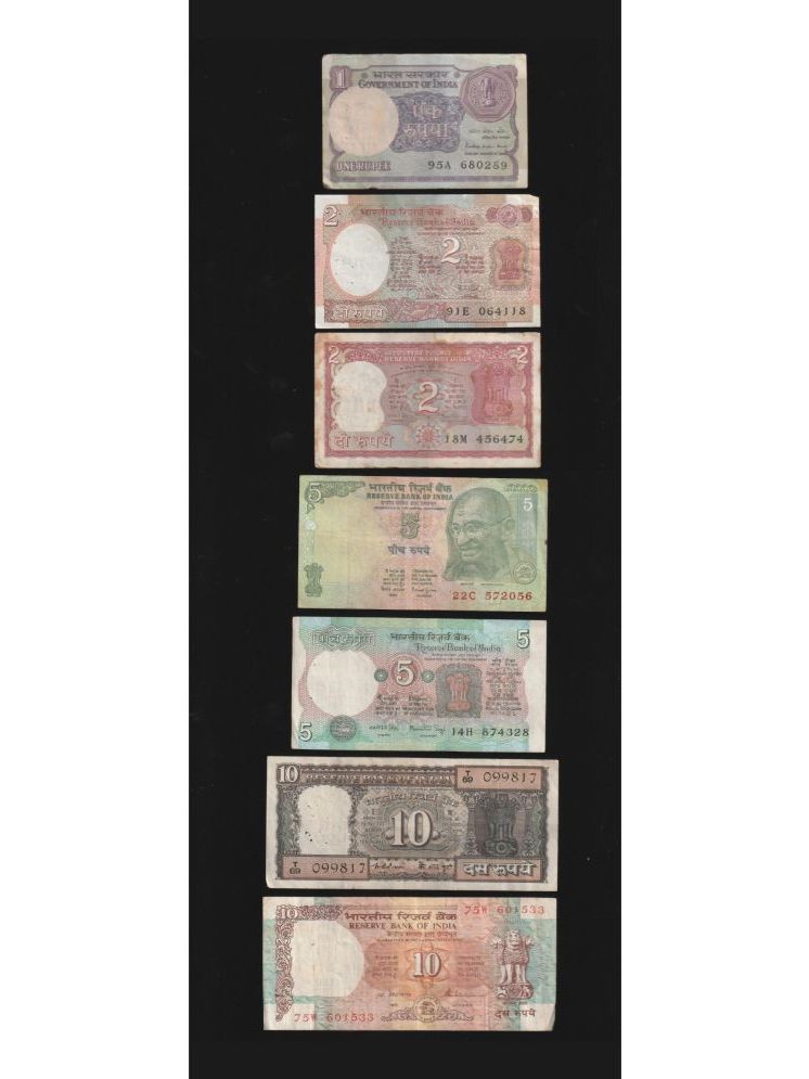     			Rare 7 Different 1 to 10 Rupees India Collectible old Notes