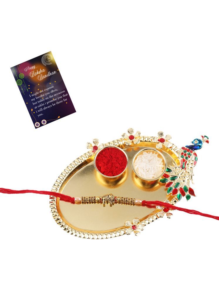     			Stylish Designer Look Rakhi For Bhaiya/Brother/Bhai With Roli Chawal And 1 Greeting Card 1 Kankawati Pooja Thali