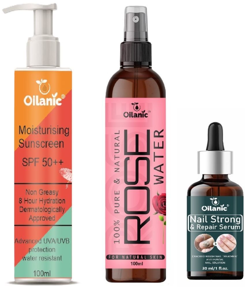     			Sunscreen with SPF 50++ Lightweight 100ml, Rose water for Hyrated Skin 100ml & Nail Strong and Repair Serum 30ml - Combo of 3 Items