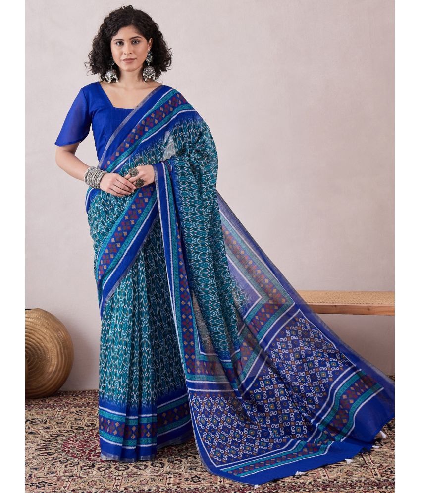     			Vaamsi Linen Printed Saree With Blouse Piece - Blue ( Pack of 1 )