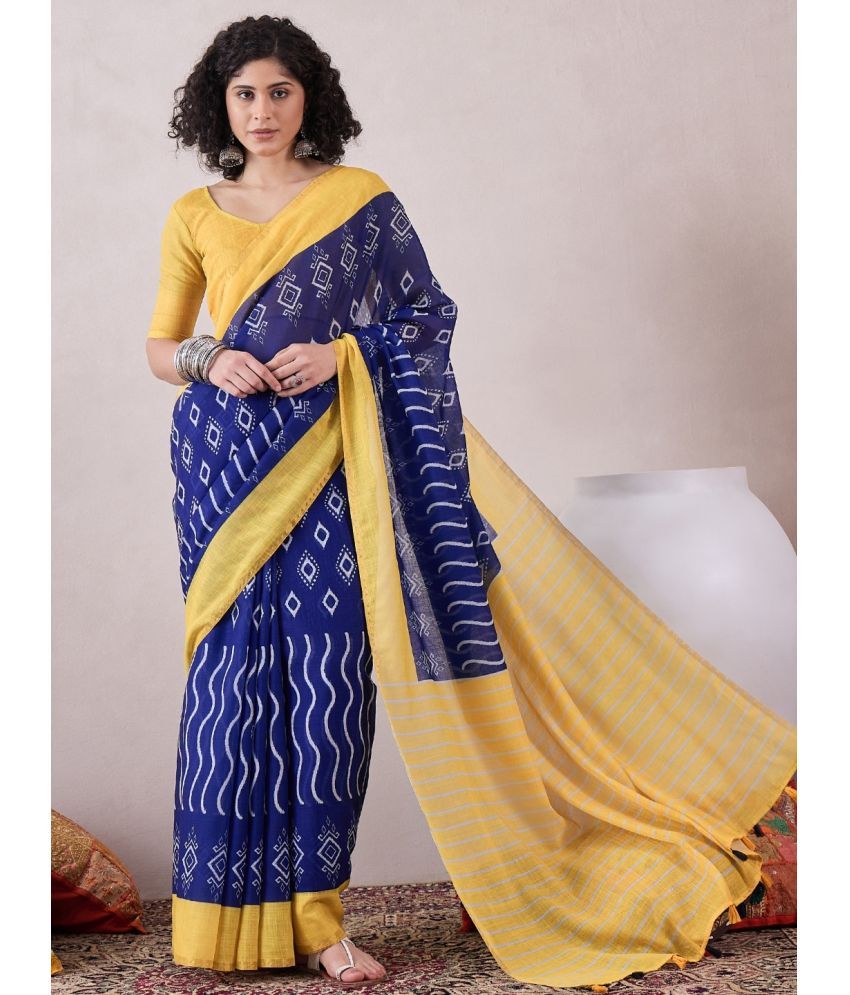     			Vaamsi Linen Printed Saree With Blouse Piece - Blue ( Pack of 1 )