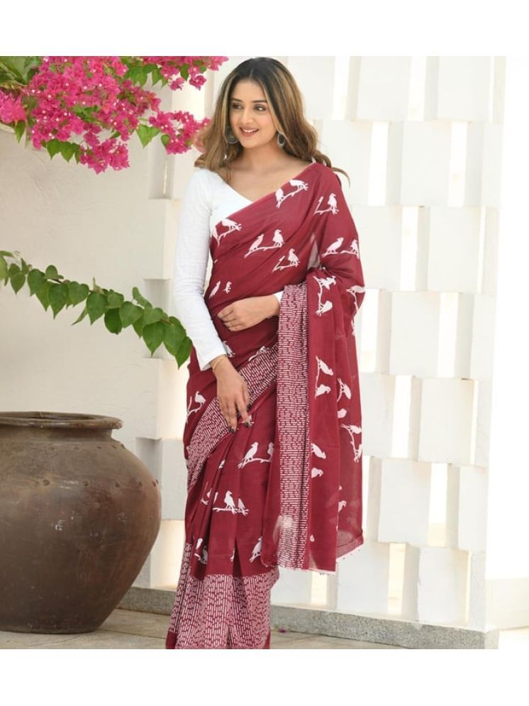     			MORLY Cotton Printed Saree With Blouse Piece - Maroon ( Pack of 1 )