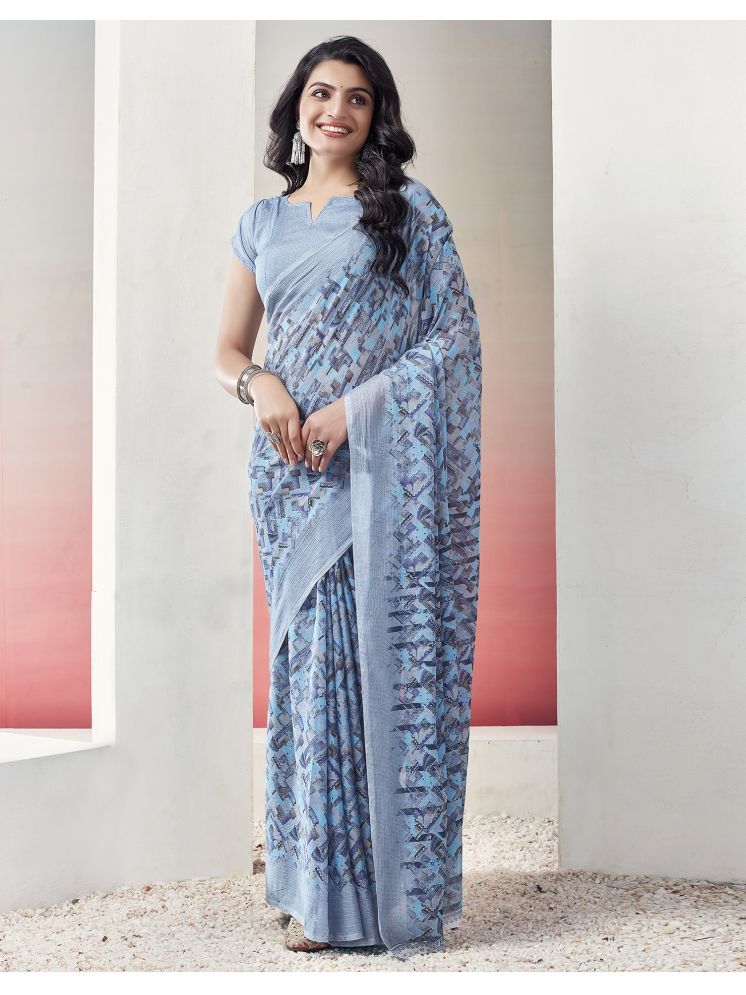     			Satrani Chiffon Printed Saree With Blouse Piece - Light Blue ( Pack of 1 )