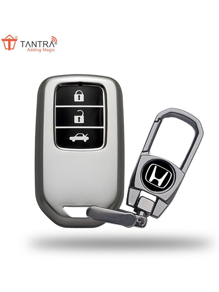     			TANTRA TPU Key Cover and Metal Keychain Compatible for Honda City, Civic, Jazz, Amaze, CR-V, BR-v, WR-V with 3 Button Smart Key (Grey)