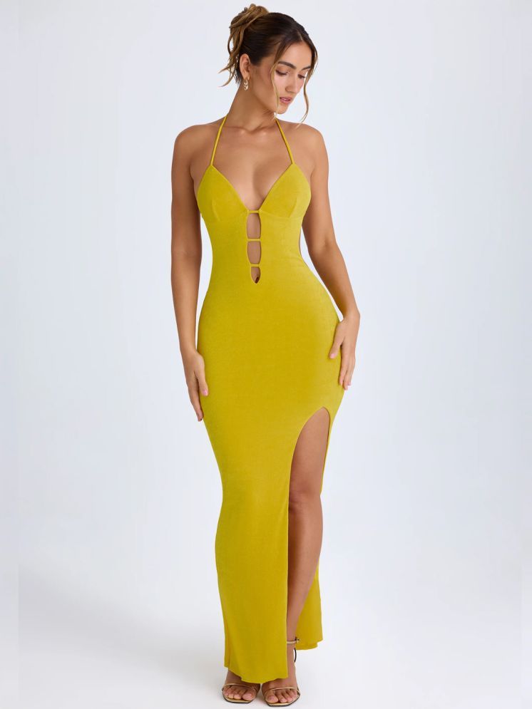     			clafoutis Lycra Solid Full Length Women's Side Slit Dress - Yellow ( Pack of 1 )