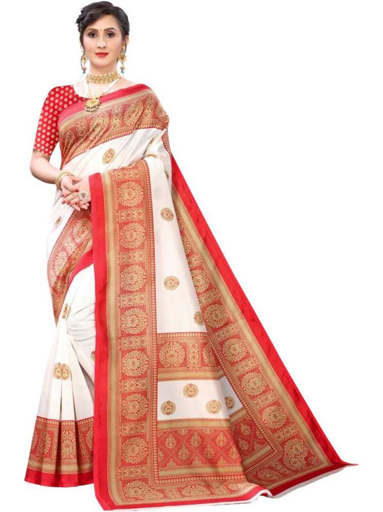     			INDIAN SILKS Art Silk Printed Saree Without Blouse Piece - White ( Pack of 1 )