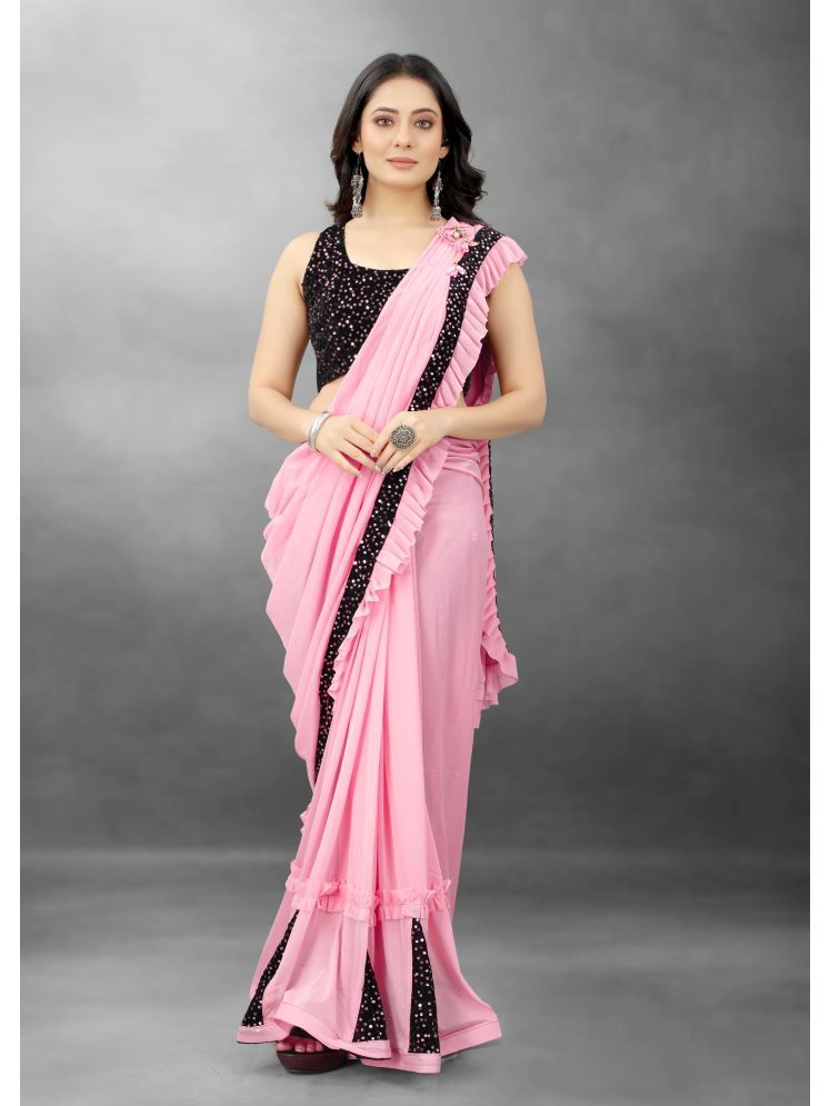     			Lady Shopi Lycra Embellished Saree With Blouse Piece - Pink ( Pack of 1 )