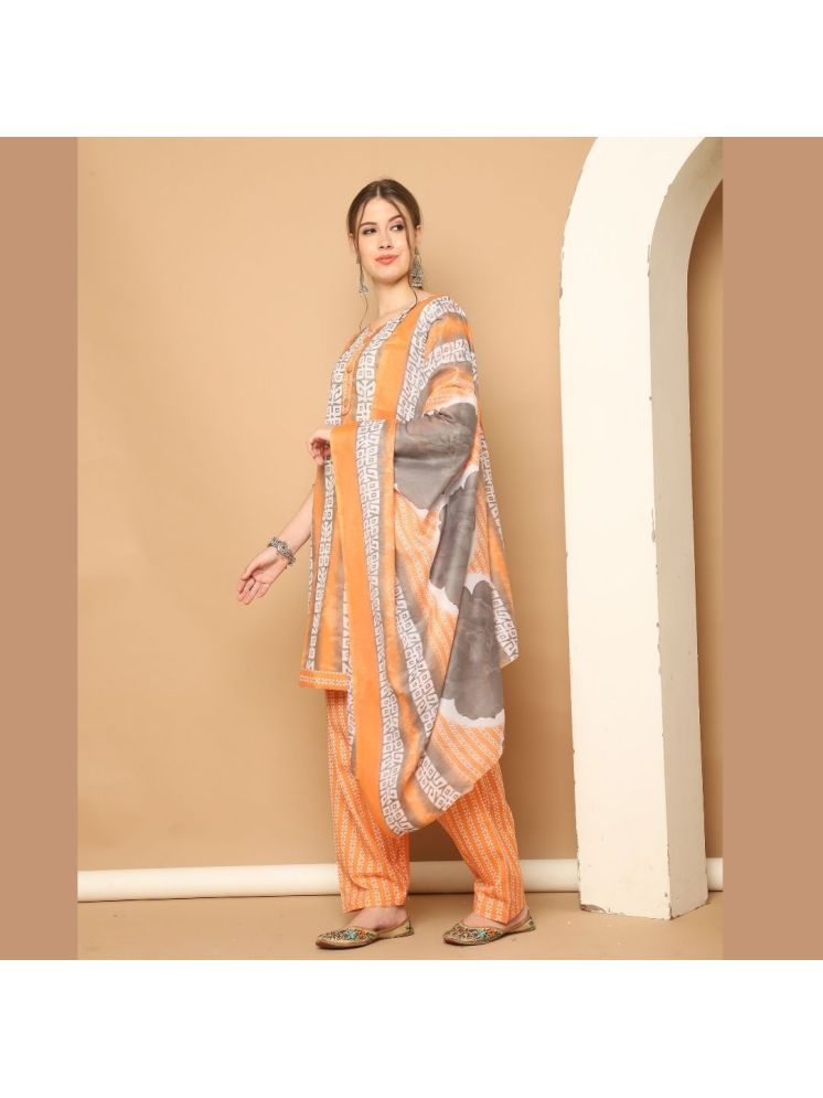     			Rajnandini Cotton Blend Printed Kurti With Patiala Women's Stitched Salwar Suit - Orange ( Pack of 1 )