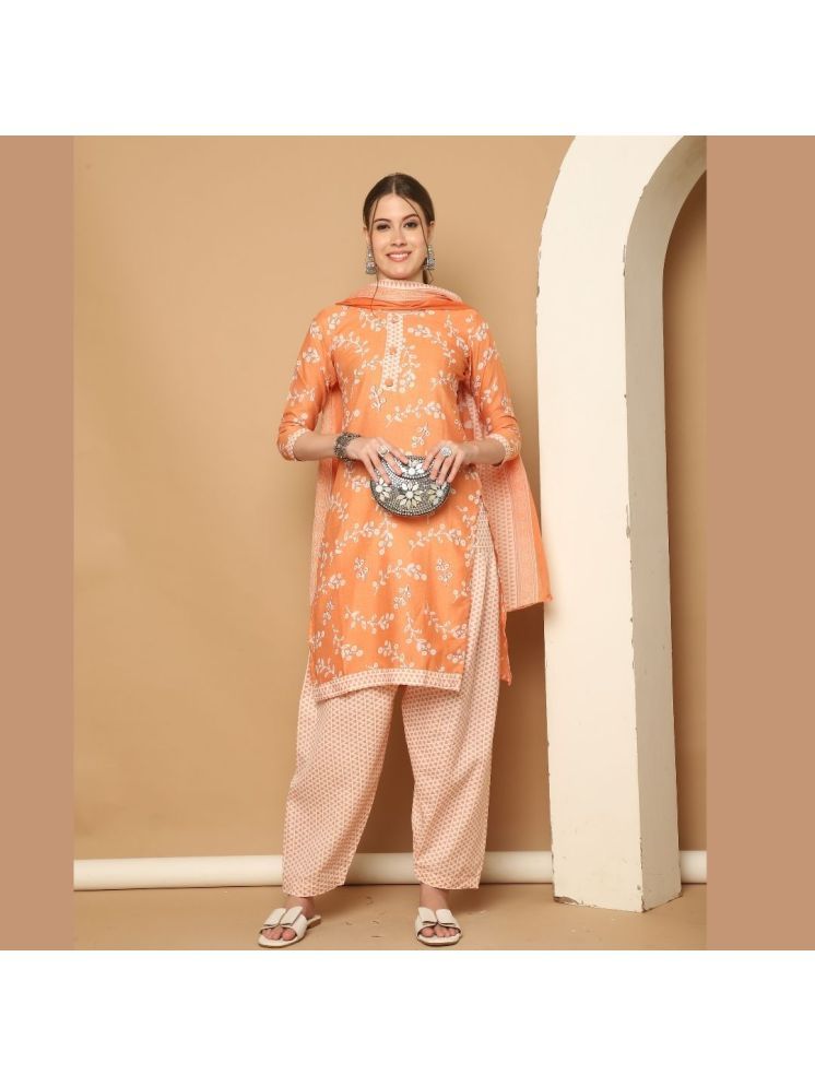     			Rajnandini Cotton Blend Printed Kurti With Patiala Women's Stitched Salwar Suit - Orange ( Pack of 1 )