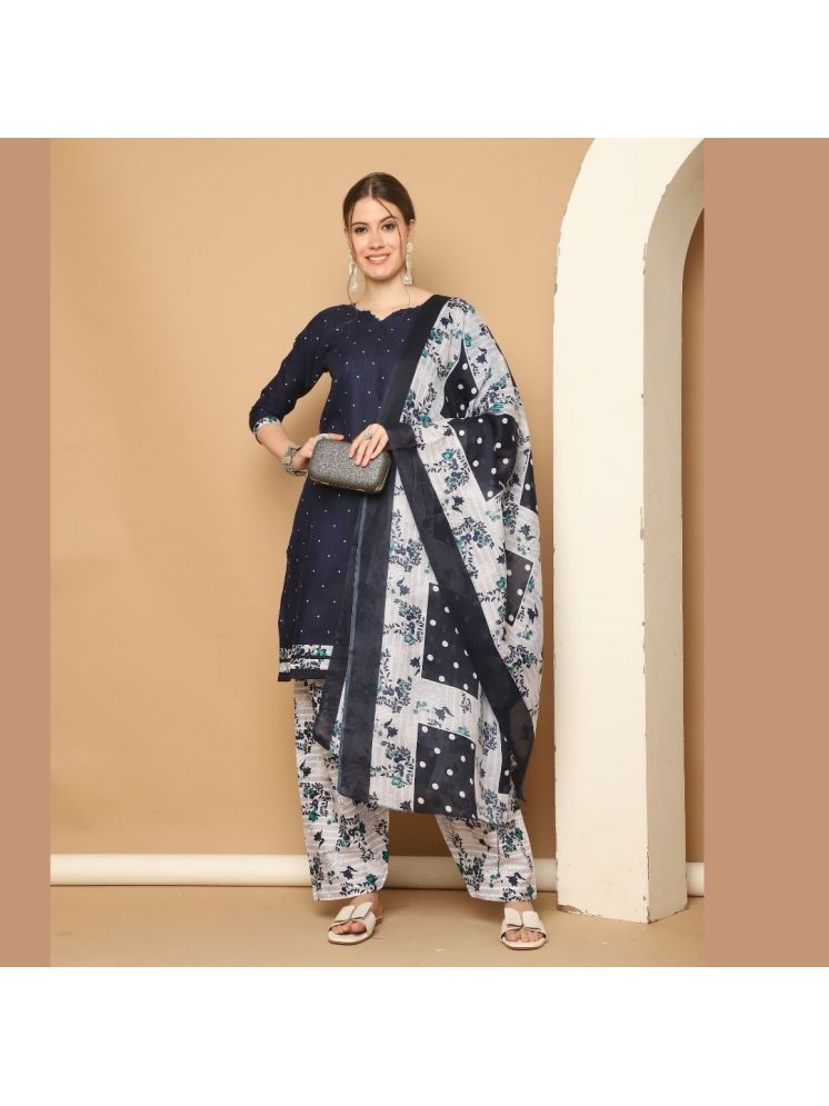     			Rajnandini Cotton Blend Printed Kurti With Patiala Women's Stitched Salwar Suit - Navy ( Pack of 1 )