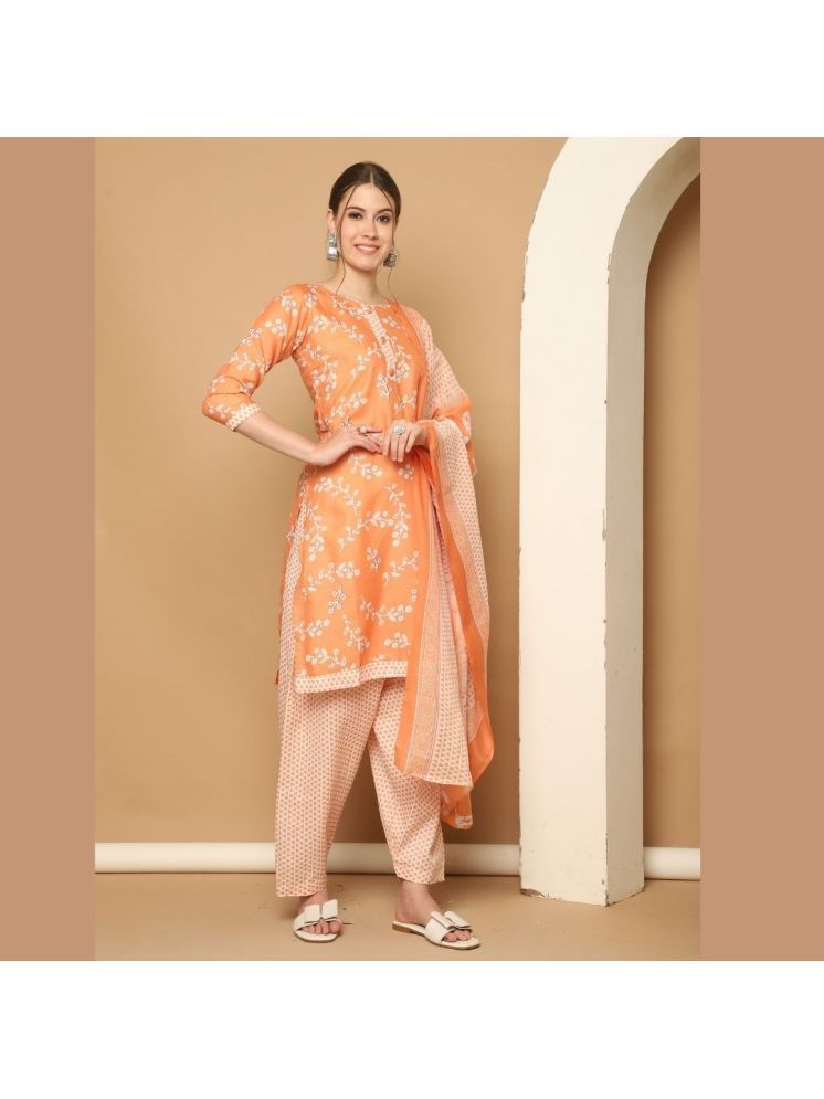     			Rajnandini Cotton Blend Printed Kurti With Patiala Women's Stitched Salwar Suit - Orange ( Pack of 1 )