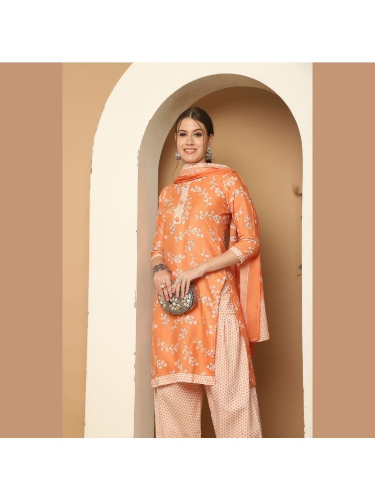     			Rajnandini Cotton Blend Printed Kurti With Patiala Women's Stitched Salwar Suit - Orange ( Pack of 1 )