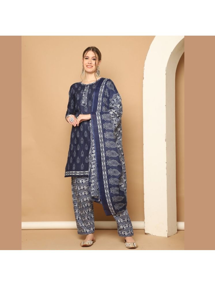     			Rajnandini Cotton Blend Printed Kurti With Patiala Women's Stitched Salwar Suit - Navy ( Pack of 1 )