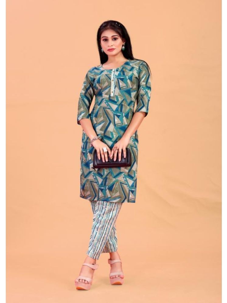     			INDIAN SILKS Cotton Printed Kurti With Pants Women's Stitched Salwar Suit - Turquoise ( Pack of 1 )