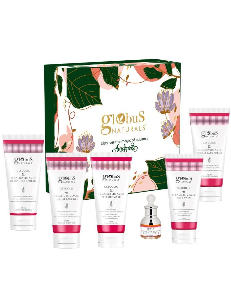     			Globus Naturals Oil Control Glycolic Glow Infusion Gift Box set of 6, Box includes - Glycolic Face Wash 100ml, Face Scrub 100ml, peel off mask 100ml, Face Gel 100ml, Face Cream 100ml, Face Serum 30 ml