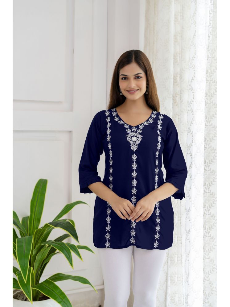     			Kapadia Rayon Embroidered Straight Women's Kurti - Navy ( Pack of 1 )