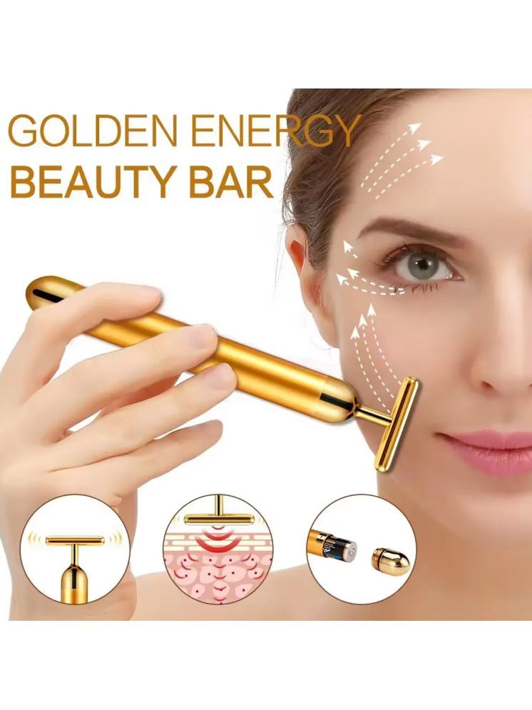     			2 in1 Energy Beauty Bar Electric Vibration Facial Massage V shape Roller Waterproof Face Skin Care T-Shaped Anti Wrinkle Massager for Forehead Cheek Neck Clavicle Arm (Gold Colour)