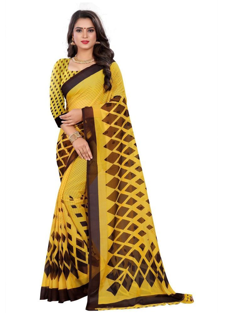     			INDIAN SILKS Georgette Printed Saree With Blouse Piece - Yellow ( Pack of 1 )