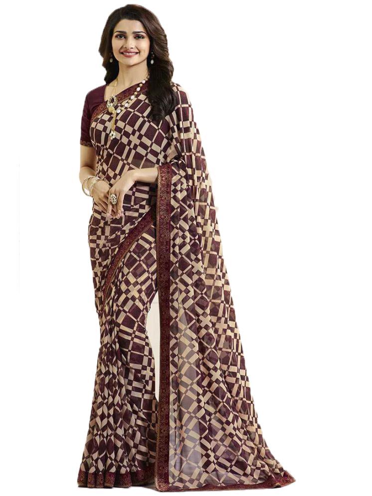     			KSNDV Trendz Georgette Printed Saree With Blouse Piece - Maroon ( Pack of 1 )