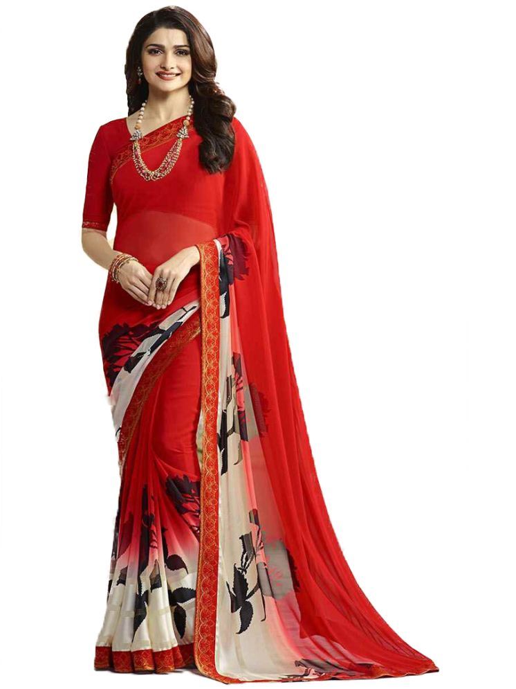     			KSNDV Trendz Georgette Printed Saree With Blouse Piece - Red ( Pack of 1 )