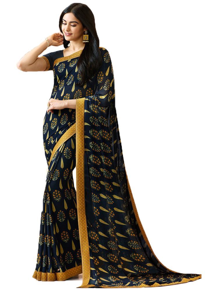     			KSNDV Trendz Georgette Printed Saree With Blouse Piece - Navy Blue ( Pack of 1 )