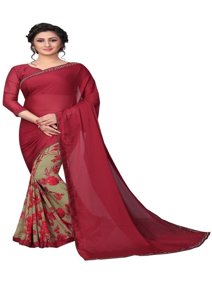     			KSNDV Trendz Georgette Printed Saree With Blouse Piece - Maroon ( Pack of 1 )