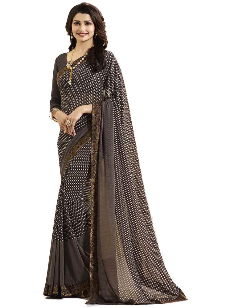     			KSNDV Trendz Georgette Printed Saree With Blouse Piece - Brown ( Pack of 1 )