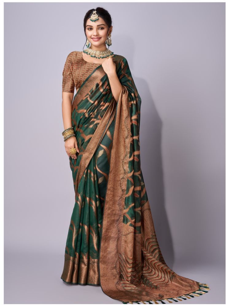     			Saree Exotica Organza Embellished Saree With Blouse Piece - Olive ( Pack of 1 )