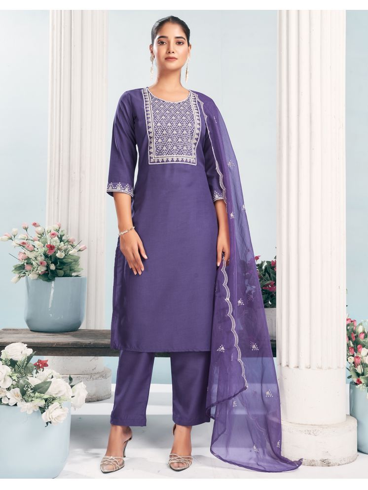     			Skylee Cotton Embroidered Kurti With Pants Women's Stitched Salwar Suit - Violet ( Pack of 1 )