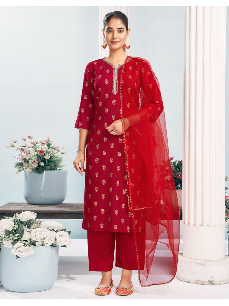     			Skylee Cotton Silk Printed Kurti With Pants Women's Stitched Salwar Suit - Red ( Pack of 1 )